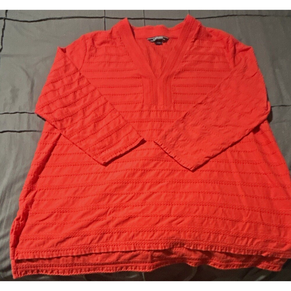 Lands' End Women’s Red Solid Textured V-Neck 3/4 Sleeve Pullover Blouse, L